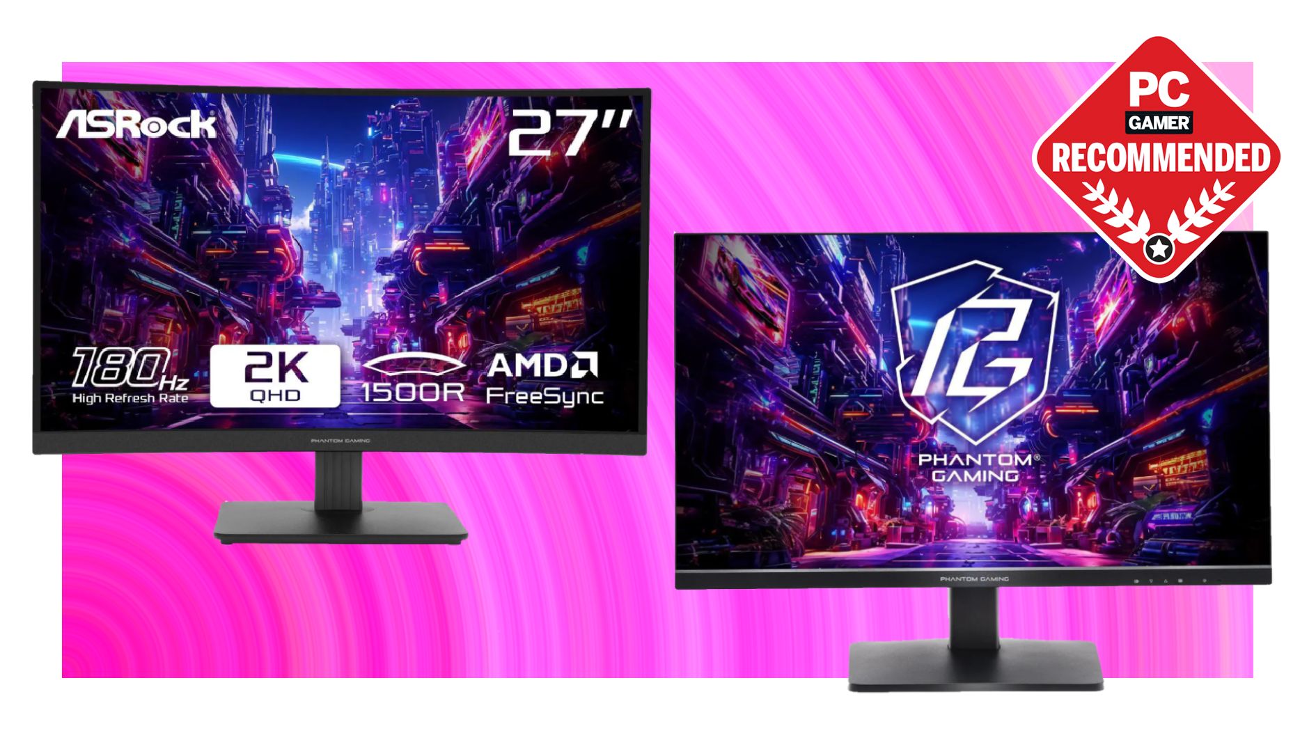 Two ASRock 1440p 180 Hz gaming monitors on a pink deals background, with the PC Gamer Recommended badge in the top right