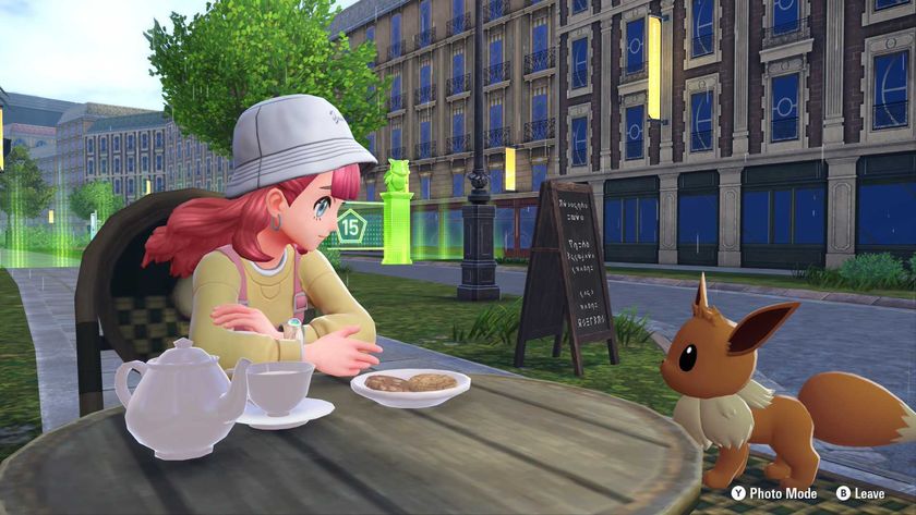A trainer sat with an Eevee at a cafe in Pokemon Legends: Z-A.
