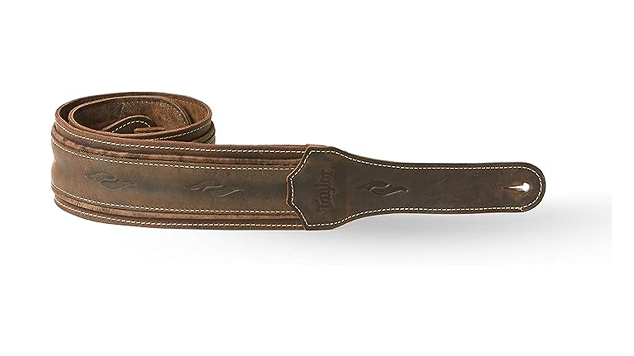 Taylor Element brown leather guitar strap on a white background