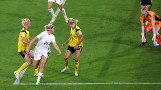 SHEFFIELD, ENGLAND - JULY 26: Alessia Russo of England scores their team's third goal during the UEFA Women's Euro 2022 Semi Final match between England and Sweden at Bramall Lane on July 26, 2022 in Sheffield, England.