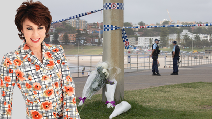 Author Kathy Lette cut-out images positioned alongside the police at Bondi Beach
