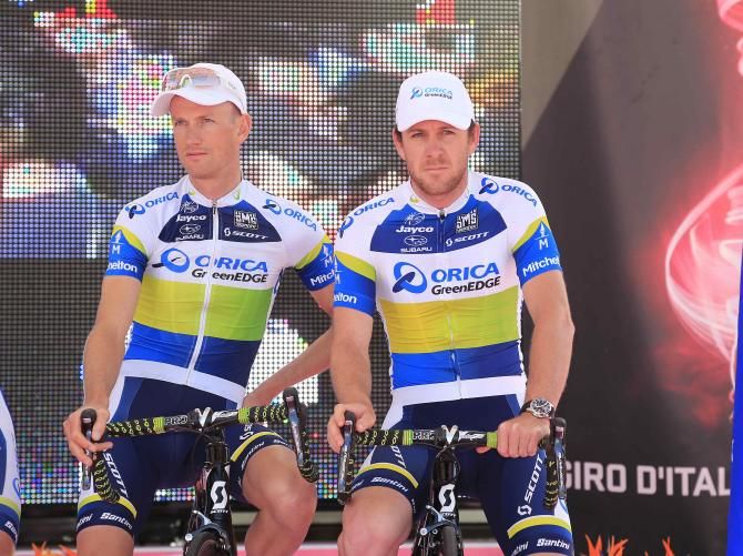 Pieter Weening and Matt Goss (Orica GreenEdge) at the Giro team presentation