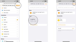 How to create a time automation in the Home app on the iPhone by showing steps: Tap Next, Tap an Accessory to change state, Tap Done.