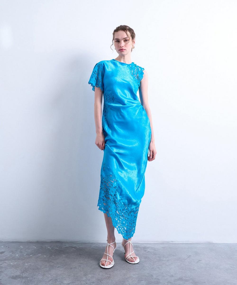 Deep Blue Lace Insert Grown-On Shoulder Midi Dress