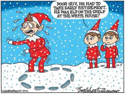 Political Cartoon U.S. Elf on the shelf Trump&nbsp;