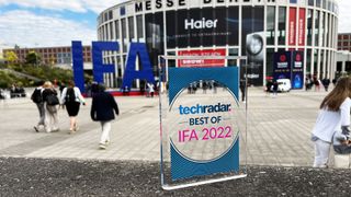IFA 2022 award trophy pictured in front of the Berlin Messe expo center.