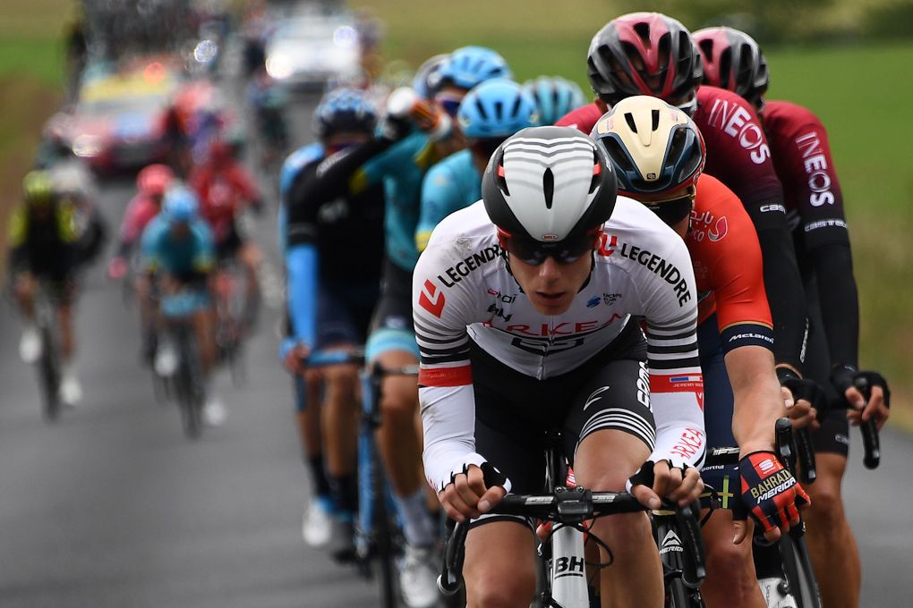 Team Arkea-Samsic rider France's Jeremy Maison (front) rides at the head of the pack during the third stage of the 71st edition of the Criterium du Dauphine