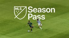 The MLS Season Pass logo, shown over an on-field battle between two players