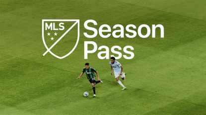 The MLS Season Pass logo, shown over an on-field battle between two players