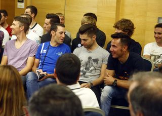 Vincenzo Nibali laughs with future teammates at the Bahrain Merida camp