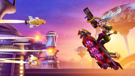 Rocket Arena hero Rev gets ready to dodge a barrage of rockets.