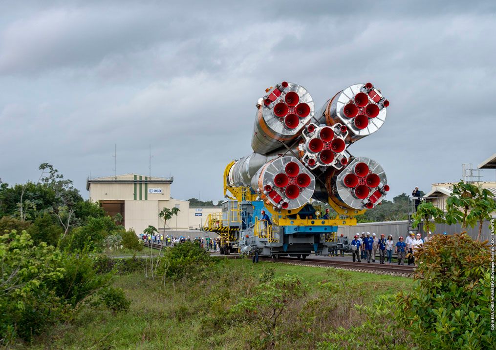 An Arianespace Soyuz rocket rolls out to the launch pad at the Guiana Space Center in French Guiana for the VS23 mission, on Dec. 12, 2019.