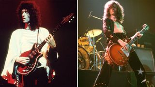 Brian May (left) and Jimmy Page perform onstage