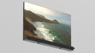 A render of the Displace TV Pro with its soundbar and speakers connected to the bottom of the panel. On the TV's display is a coastline with waves.