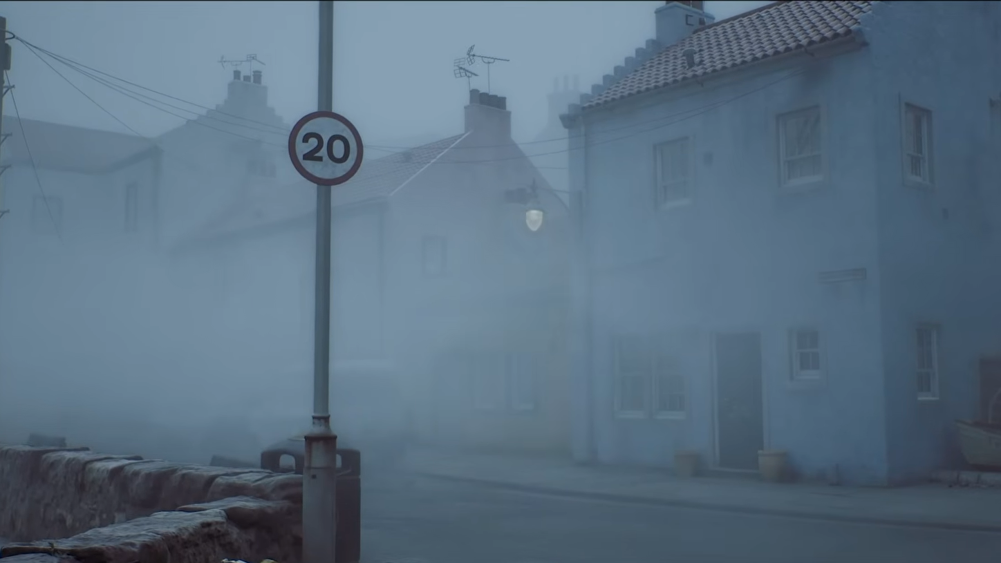 A foggy seaside street
