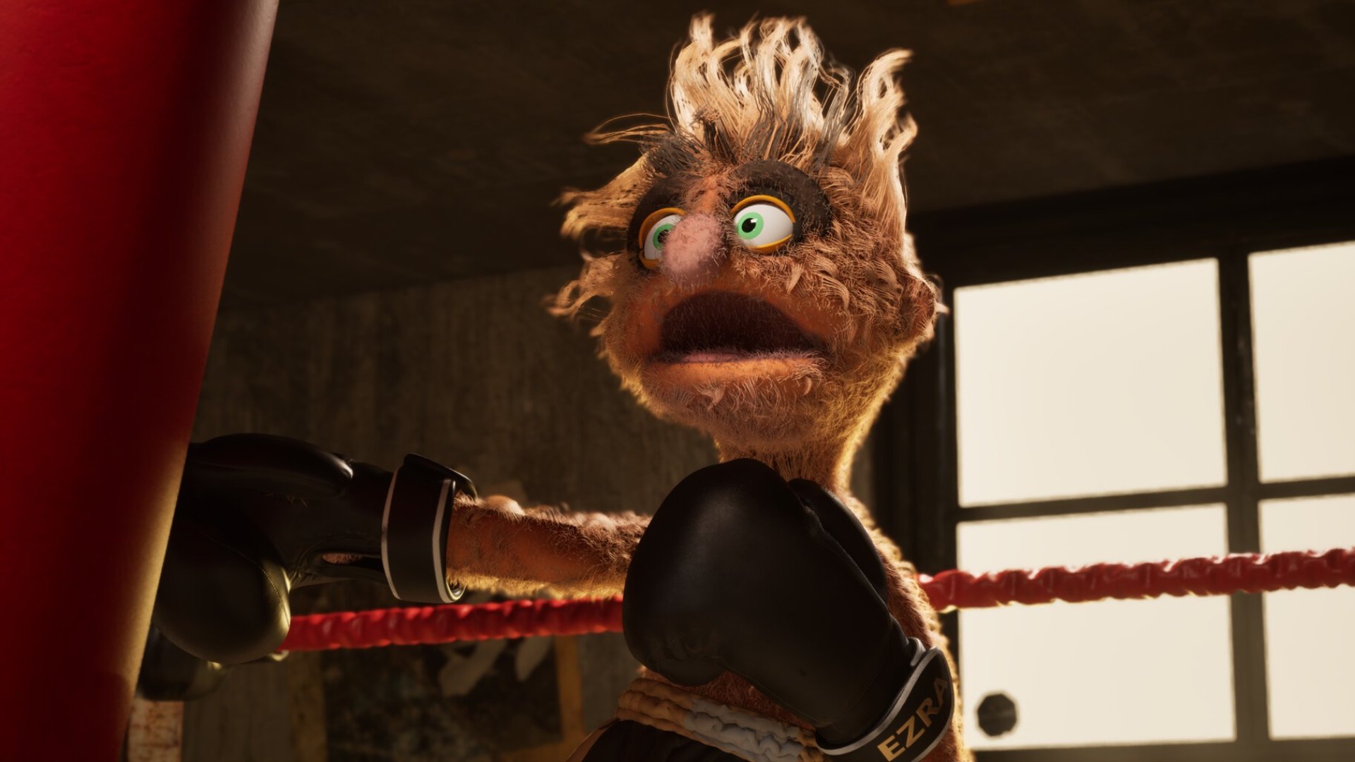 Felt That: Boxing screenshot of puppet boxer Ezra &quot;Fuzz-E&quot; Wright, who swings at a punching bag