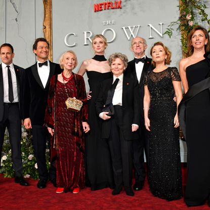 Jonny Lee Miller, Dominic West, Marcia Warren, Elizabeth Debicki, Imelda Staunton, Jonathan Pryce, Lesley Manville and Claudia Harrison attend the World Premiere of Netflix's "The Crown" Season 5 at the Theatre Royal Drury Lane on November 8, 2022 in London, England.