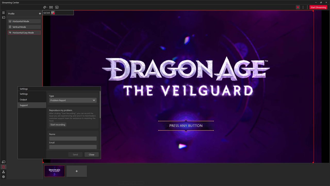 A screenshot of AVerMedia Streaming Center's main streaming window while showing Dragon Age: The Veilguard.