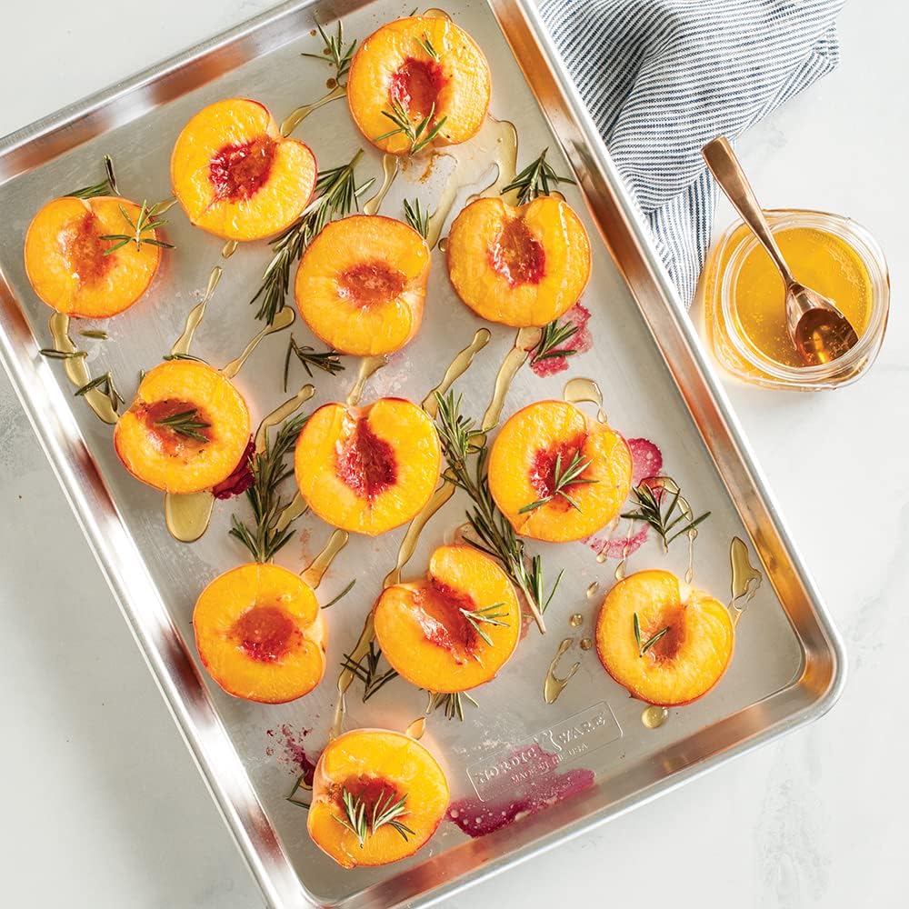 Peaches on a Nordic Ware baking sheet