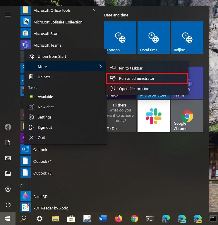 Start menu context menu Run as administrator opion