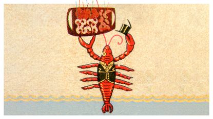 Photo collage of vintage style illustrations. A red lobster wearing a little tuxedo holds a platter of shrimp in one claw, and a cartoonishly tattered top hat with the other.