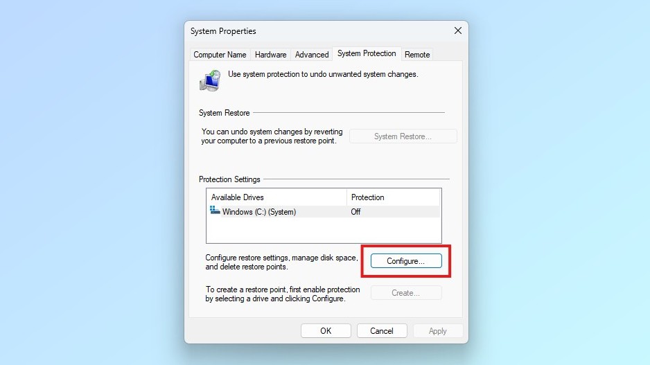 Setting up System Restore in Windows 11
