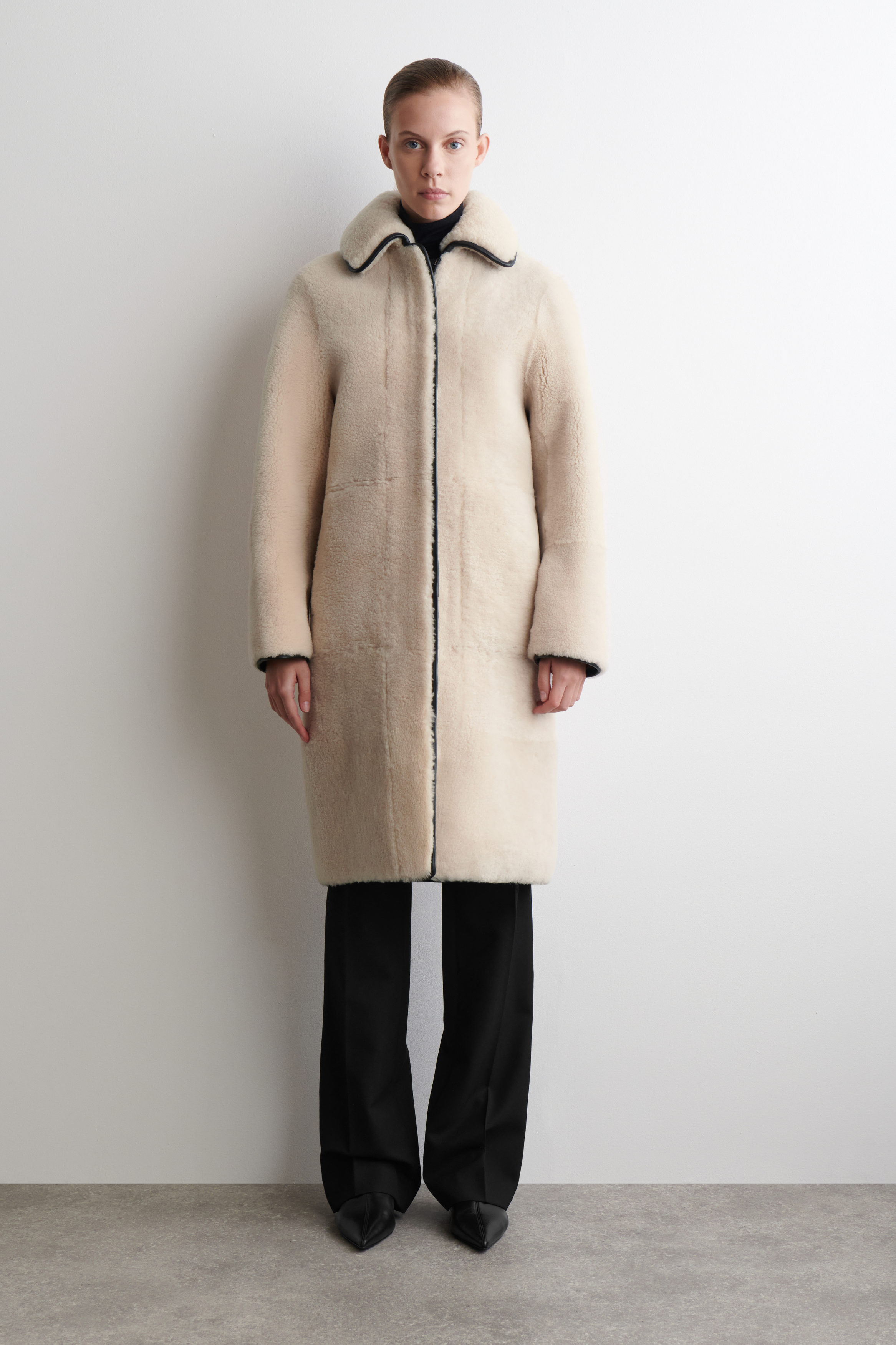 Leather-Trimmed Shearling Long Coat
