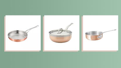 a collage image featuring three of the best pans and pots in w&h's best copper cookware round-up