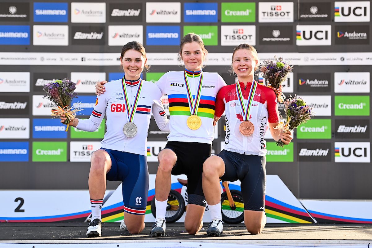 Picture by Will Palmer/SWpix.com - 30/08/2024 - Cycling - 2024 UCI Mountain Bike World Championships - Pal Arinsal, Arinsal, Andorra - Women&acirc;s U23 Cross-country Short Track Podium - Isabella Holmgren (Canada) Gold Medalist and UCI World Champion, Ella Maclean-Howell (GBR) Silver Medalist and Ava Holmgren (Canada) Bronze Medalist