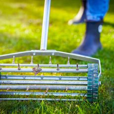 grass aerator being used to aerate lawn to improve moisture and nutrient and air supply to lawn roots