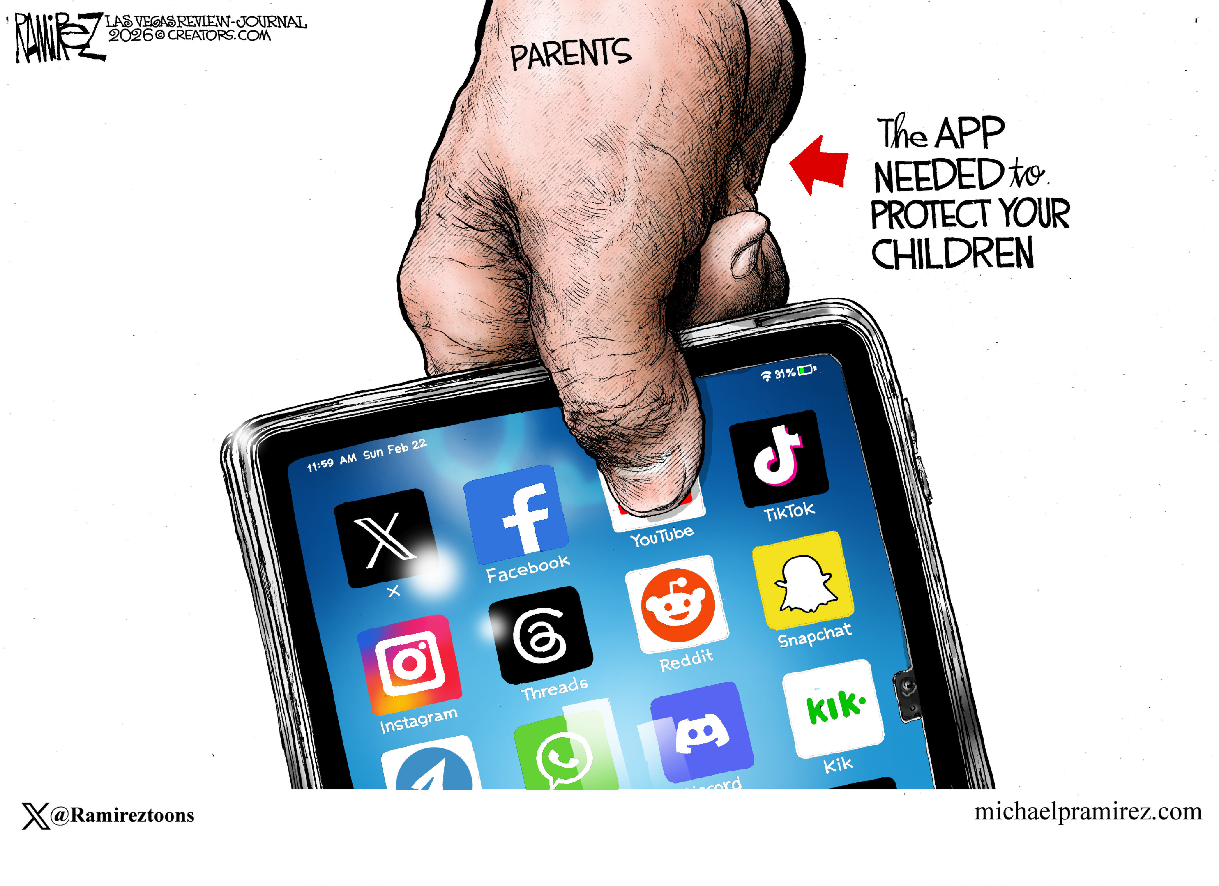 This cartoon depicts a hand labeled &amp;ldquo;parents&amp;rdquo; holding onto a cell phone which displays icons for social media, including X, Facebook, YouTube, TikTok, Snapchat, etc. An arrow points to the parents hand and words next to it read, &amp;ldquo;The app needed to protect your children.&amp;rdquo;