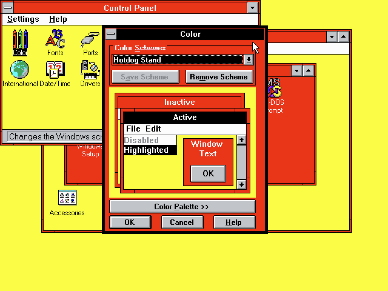 Hotdog Stand theme on Windows 3.1 with red and yellow colors