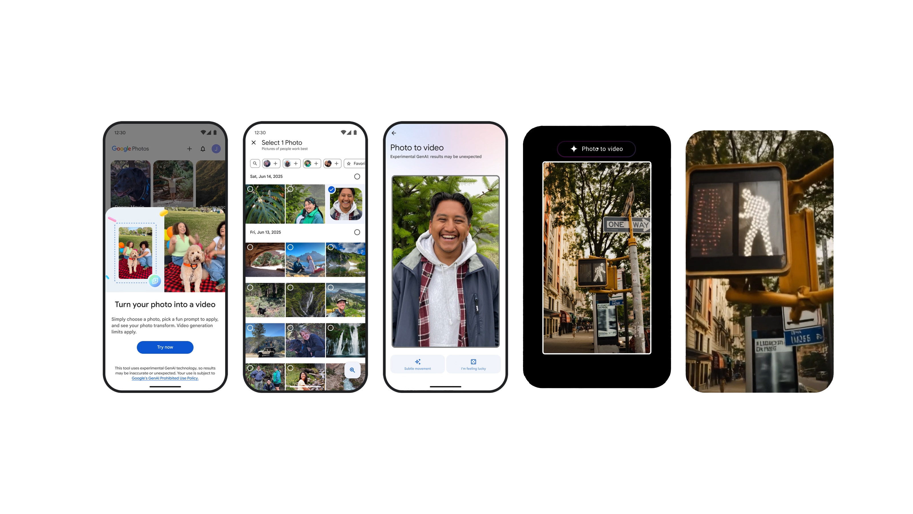 On the left, screenshots of photo-to-video in Google Photos, with the feature inside YouTube Shorts on the right