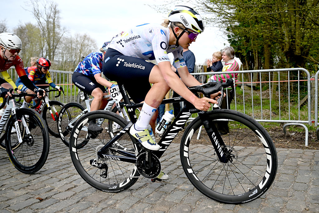WAREGEM, BELGIUM - APRIL 01: Cat Ferguson of Great Britain and Team Movistar competes during the 14th Dwars door Vlaanderen 2026 - Women&amp;amp;apos;s Elite a 128.8km one day race from Waregem to Waregem / #UCIWWT / on April 01, 2026 in Waregem, Belgium. (Photo by Luc Claessen/Getty Images)
