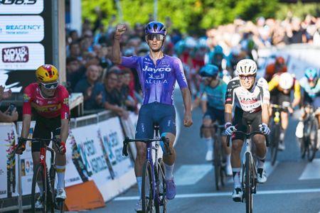 VINCENZA, ITALY - OCTOBER 14: Alessandro Covi of Italy and Team Jayco AlUla celebrates at finish line as race winner ahead of (L-R) Anthon Charmig of Denmark and Team Uno-X Mobility and Benoit Cosnefroy of France and Team UAE Team Emirates - XRG during the 89th Giro del Veneto 2026 a 167km one day race from Verona to Vicenza on October 14, 2026 in Vicenza, Italy. (Photo by Tim de Waele/Getty Images)