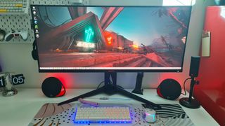 AOC Agon AG405UXC with Windows 11 desktop on screen