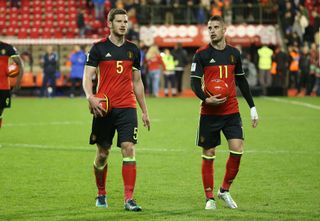 BRUSSELS, BELGIUM - MARCH 25: Jan Vertonghen and Kevin Mirallas of Belgium thank the supporters following the FIFA 2018 World Cup Qualifier between Belgium (Red Devils) and Greece at Stade Roi Baudouin (King Baudouin Stadium) on March 25, 2017 in Brussels, Belgium. (Photo by Jean Catuffe/Getty Images)