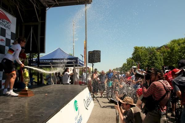 Teutenberg celebrates her victory with a champagne shower