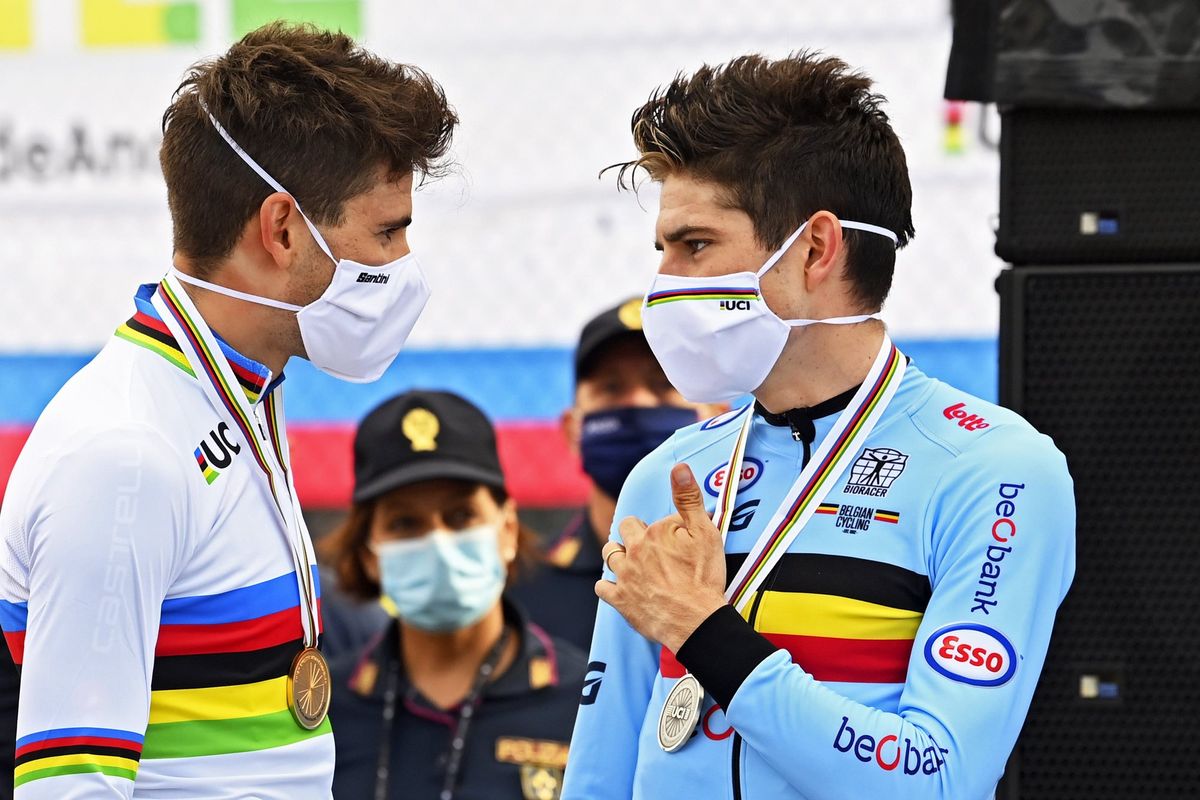 Road World Championships Imola 2020 Men Elite Time Trial Imola Imola 317 km 25092020 Filippo Ganna ITA Team Ineos Wout Van Aert BEL Team Jumbo Visma photo Vincent KalutPNBettiniPhoto2020