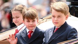 Princess Charlotte of Wales, Prince Louis of Wales and Prince George of Wales are seen during Trooping the Colour