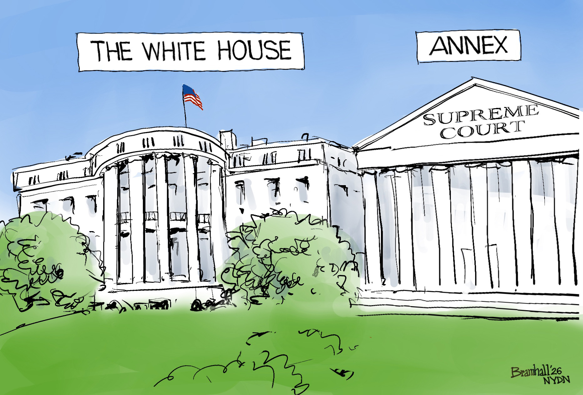 This cartoon depicts the White House next to the Supreme Court. The White House is labeled &amp;ldquo;White House&amp;rdquo; and the Supreme Court is labeled &amp;ldquo;Annex&amp;rdquo;.