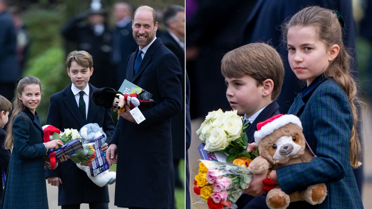 Princess Charlotte, Prince George, Prince Louis, and Prince William carry gifts, flowers, cuddly toys from royal fans on Christmas Day in Sandringham