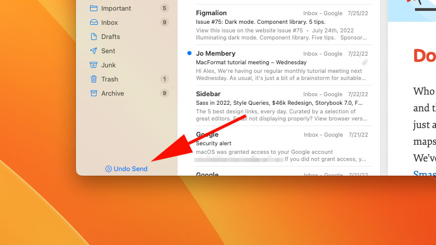 The Undo Send button in the Mail app in macOS Ventura.