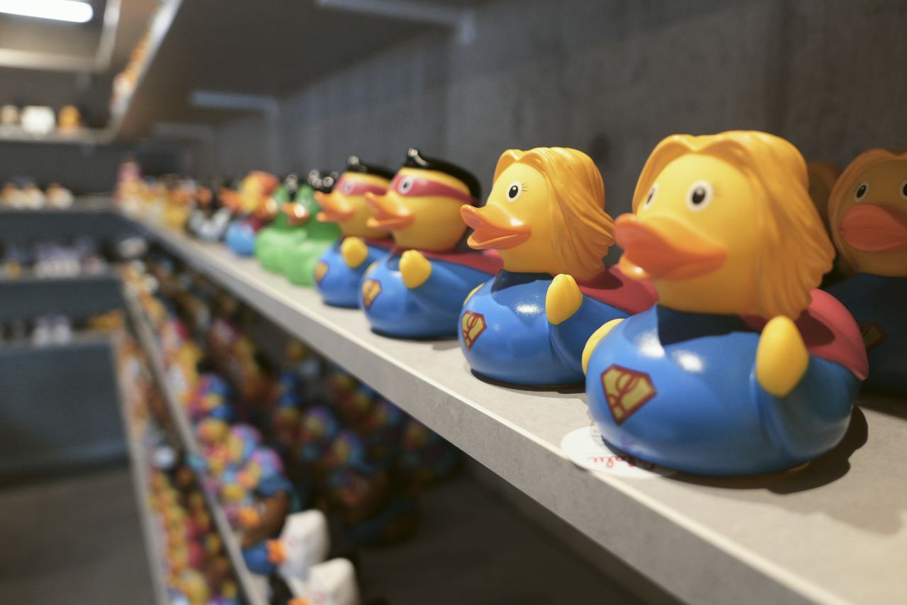 Sample image taken with the Panasonic Lumix L10; row of novetly duck toys on a shop shelf