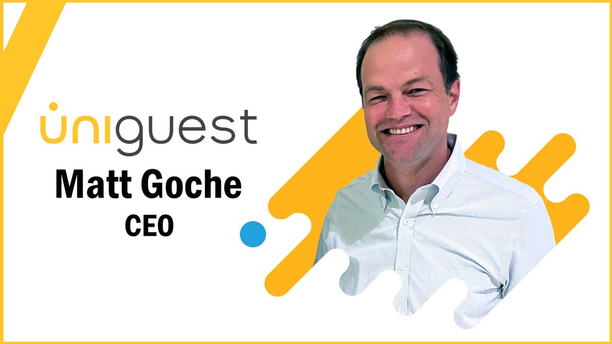 Smiling headshot of new CEO Matt Goche next to the Uniguest logo and bright yellow it is known for. 