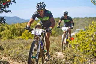 Kevin Evans (front) and David George of Nedbank 360Life pictured on Stage 1 in last year's race, are the firm pre-race favorites for the 2012 edition of the Cape Pioneer Trek mountain bike stage race.