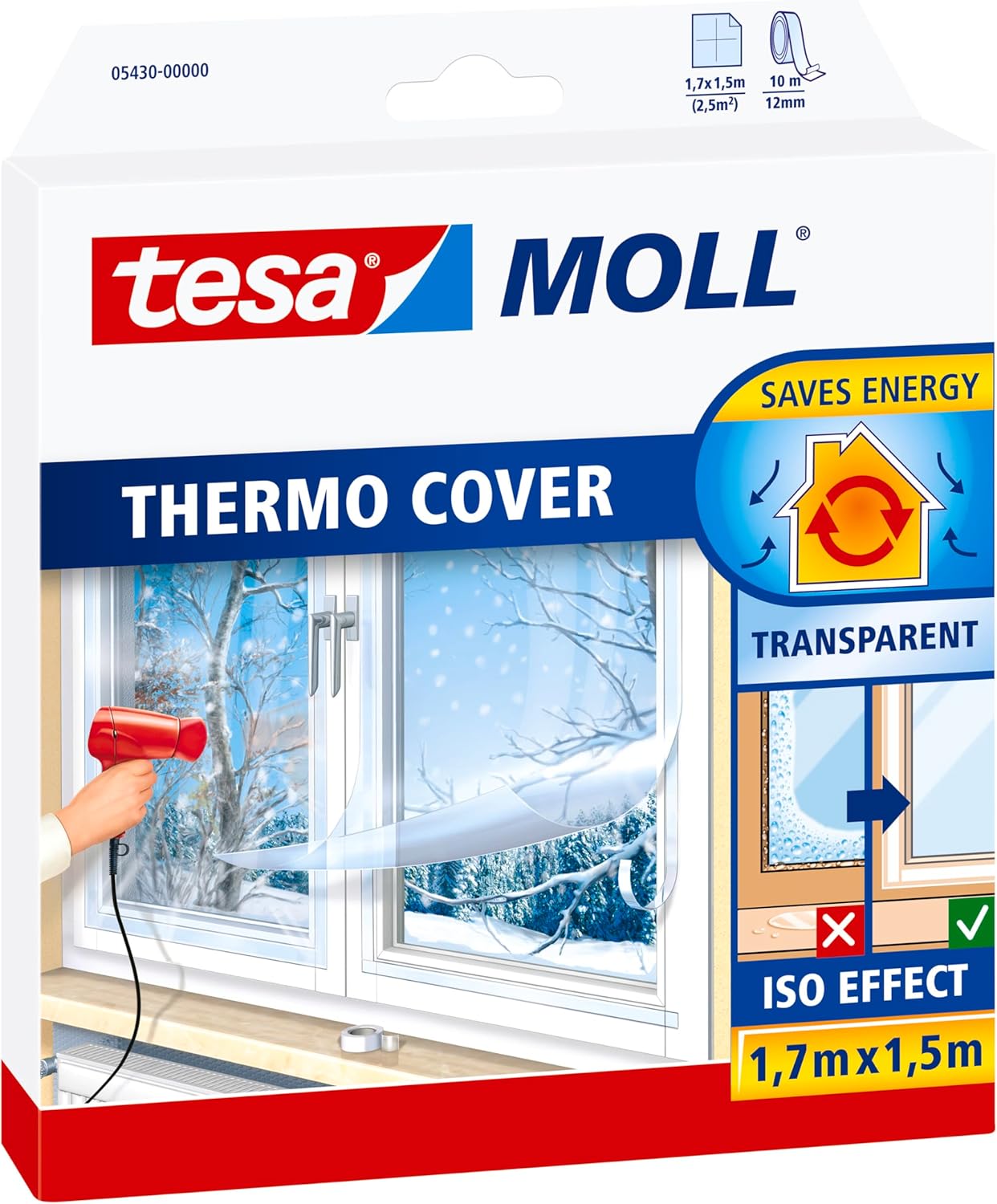 Tesamoll Thermo Cover Window Insulating Film - Transparent Insulating Foil for Thermal Insulation of Windows - Includes Double Sided Tape for Easy Installation - 1.7 M X 1.5 M
