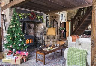 living room decorated for Christmas in converted school