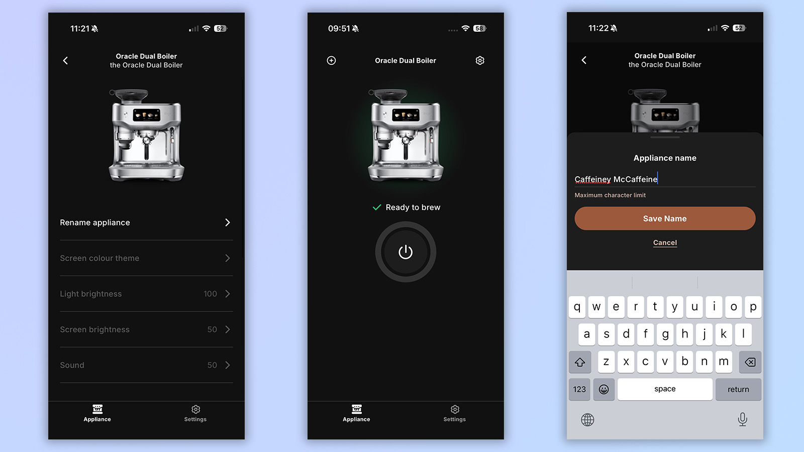 three screenshots from the breville+ / sage+ app showing naming customization and custom features