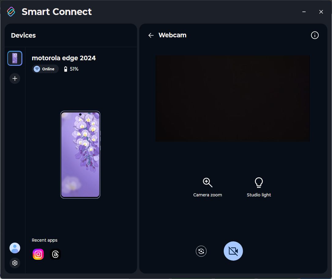 Using the webcam function on Motorola Smart Connect software
